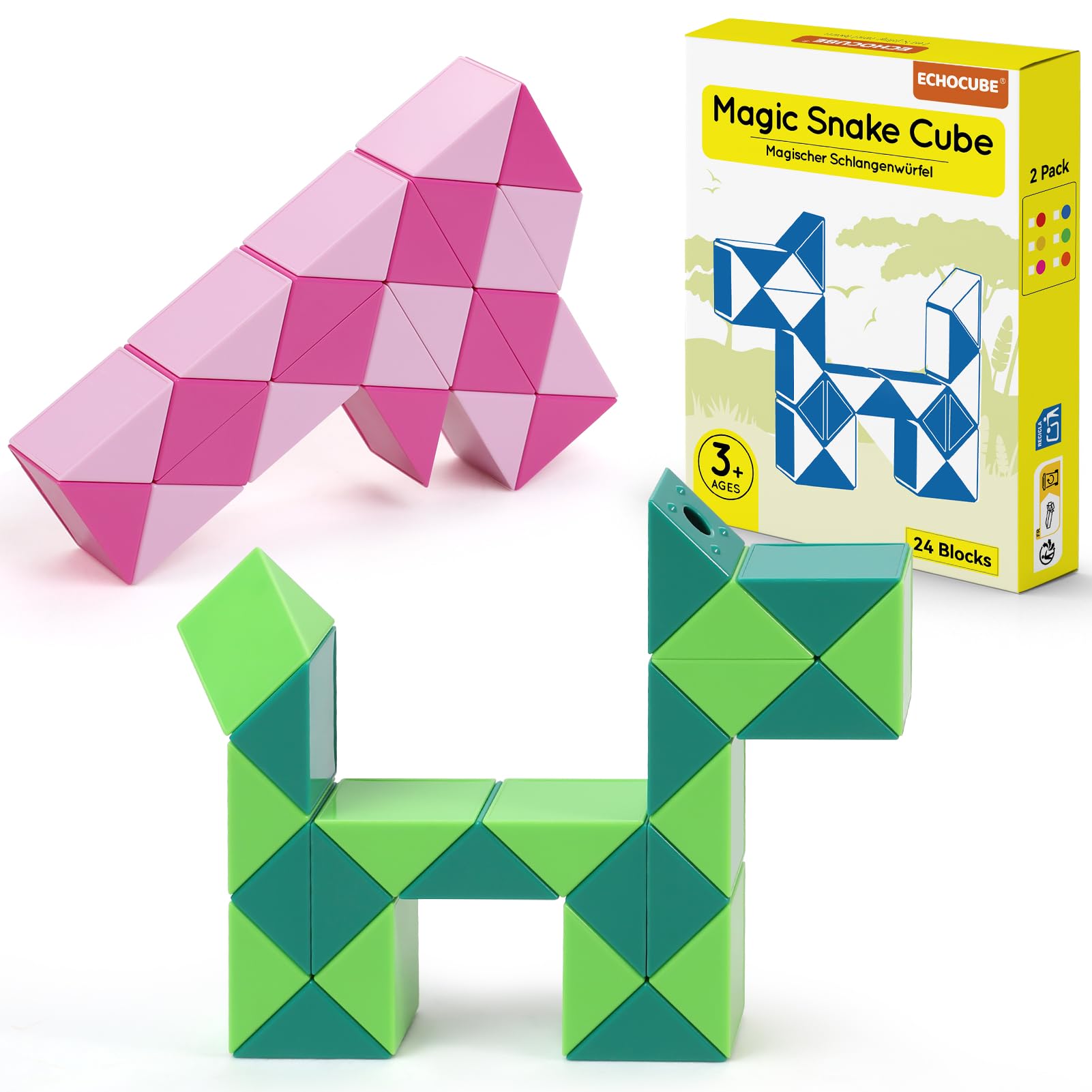ECHOCUBE Magic Snake Cube, 2 Pack 24 Blocks Speed Cube Party Bag Fillers for Kids, Twist Puzzle Toys Educational Snake Fidget Toys Party Favours (Green & Pink) — image 1