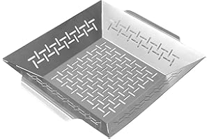 GEOLINHOME Heavy-Duty Grill Basket for Outdoor Grill, 12-inch Stainless Steel Vegetable Grill Pan also for Fish, Meat, and Shrimp, Grilling Accessories for All BBQs & Smokers – Never Lose Your Food Again!