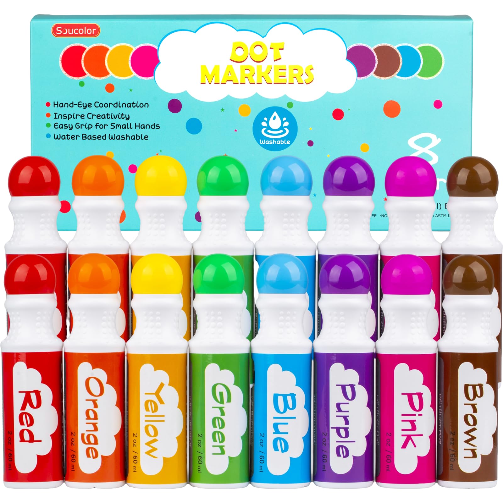 Soucolor 16-Pack Washable Dot Markers for Kids & Toddlers,8 Vibrant Colors