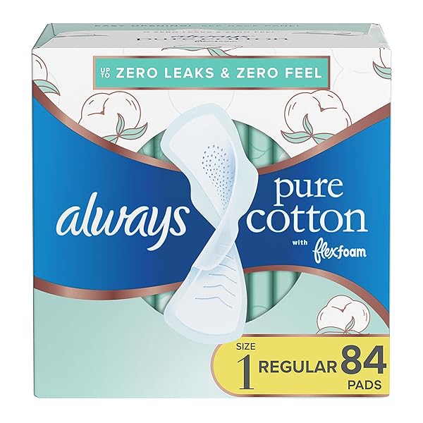 ALWAYS PURE COTTON FEMININE PADS FOR WOMEN, FLEXFOAM PADS WITH WINGS, 28 COUNT