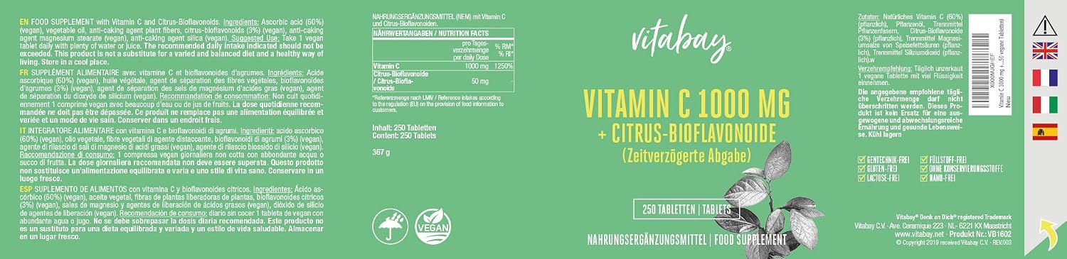 Vitabay Vitamin C 1000mg, 500 Vegan Slow Release Vitamin C Tablets, Buffered VIT with Citrus Bioflavonoids (50mg) - Image 3