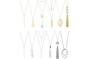 Hicarer 12 Pieces Long Pendant Necklace Set Y Tassel Leaf Circle Bar Necklace for Women