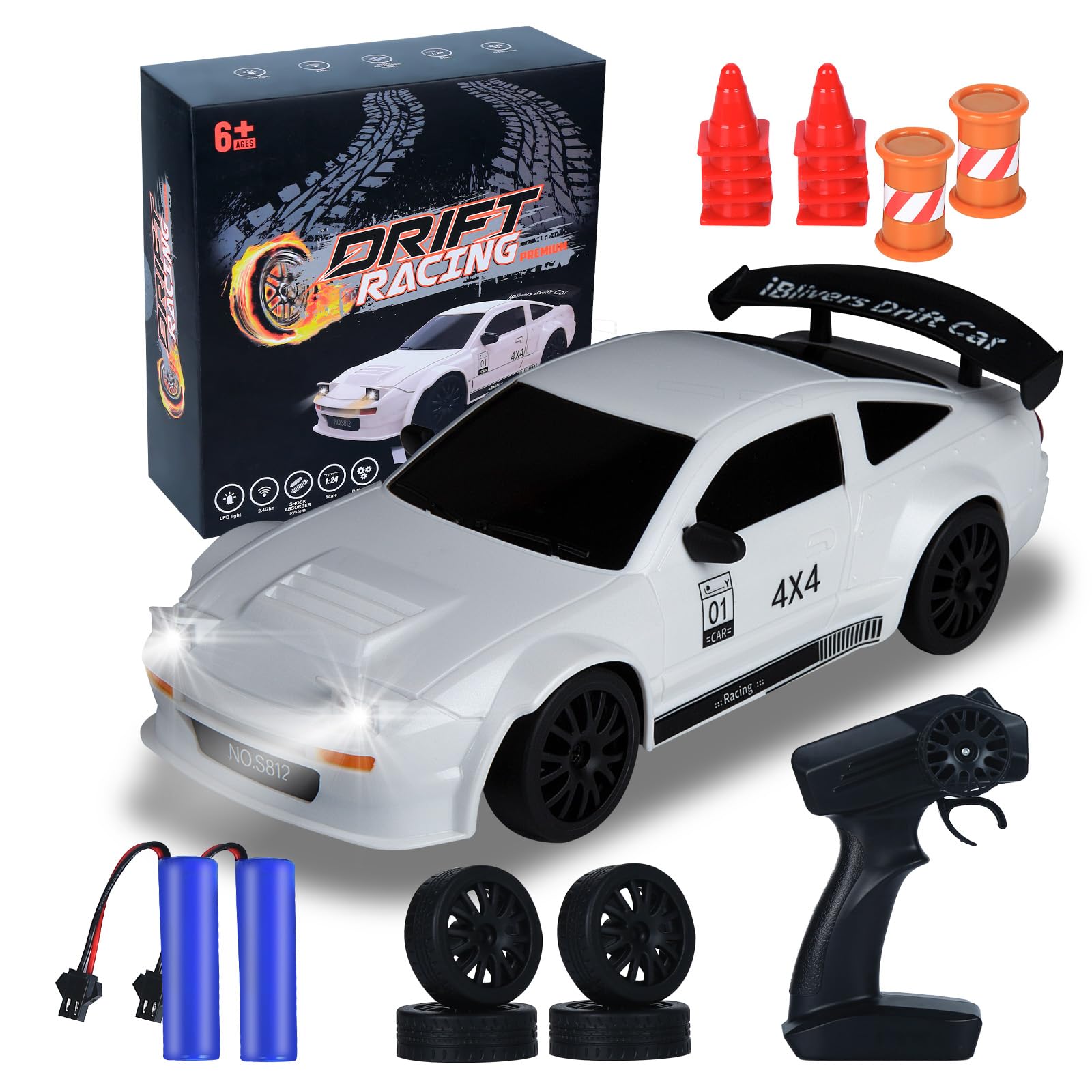 iBlivers Mini RC Drift Car with Full Proportional Throttle, 1:24 Remote Control Car 4WD Drift GT-RX7 RC Cars Vehicle High-Speed Racing RC Drifting Car Gifts Toy for Boys Kids (White)