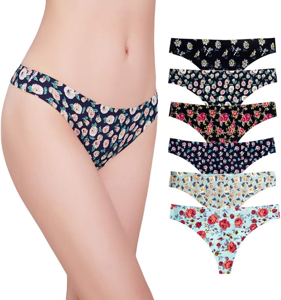Seamless Thongs Underwear For Women Nylon No Show Ladies Sexy Floral Panties Low Waisted Pack Set