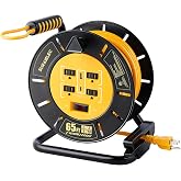 SURAIELEC 65FT Extension Cord Reel with 4 Outlets, USB Ports, ETL Listed | USB-A &amp; USB-C Ports, 14AWG Heavy Duty Power Cord, 13A 1625W, Portable Hand Crank for Indoor Outdoor Use
