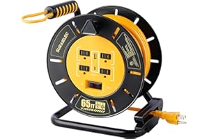 SURAIELEC 65 FT Extension Cord Reel with 4 Grounded Outlets, USB-A & USB-C Ports, 14AWG Heavy Duty Power Cord, 13A 1625W, Portable Hand Crank for Indoor Outdoor Use, ETL Listed