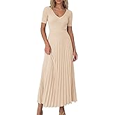 PRETTYGARDEN Women's 2026 Spring Midi Sweater Dresses Elegant Pleated Ribbed Knit Short Sleeve V Neck A Line Summer Outfits