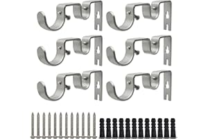 Shonmogar Double Curtain Rod Bracket 6 Pack Metal Curtain Rod Holders for Wall Sturdy Curtain Bracket for 1 Inch Curtain Rod Silver Wall Mounted Curtain Rod Hooks for Bedroom Living Room Patio