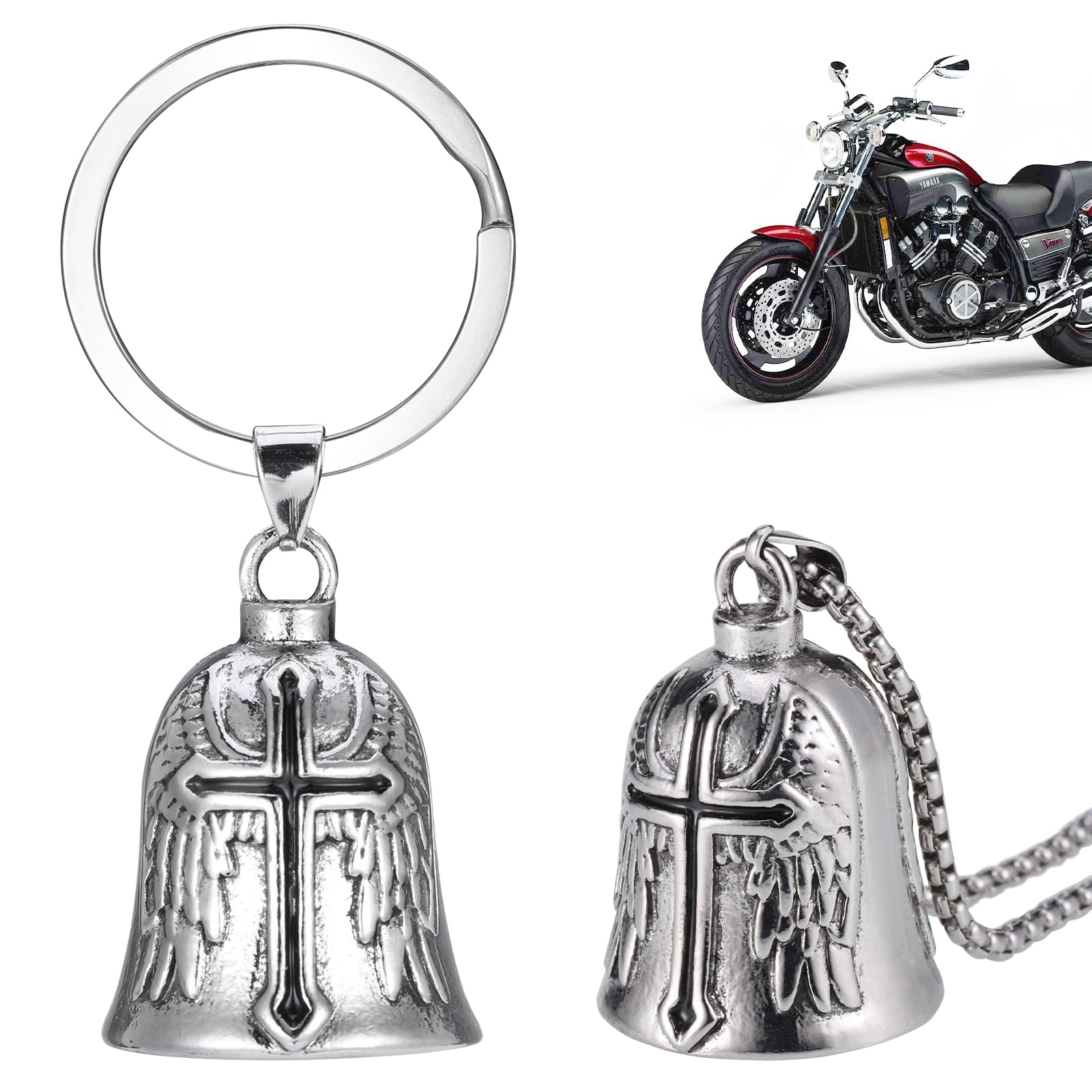 Zocipro Motorcycle Guardian Angel Bell with Chain, Stainless Steel Luck Riding Bell, Motorcycle Accessories Gift for Man, Husband (The Cross)