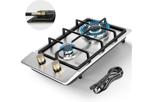 Llamaviva Gas Stove 12 Inch, Propane Cooktop 2 Burner, Portable Gas Cooktop Stainless Steel, Dual Fuel LPG/NG Convertible with Thermocouple Safety Protection