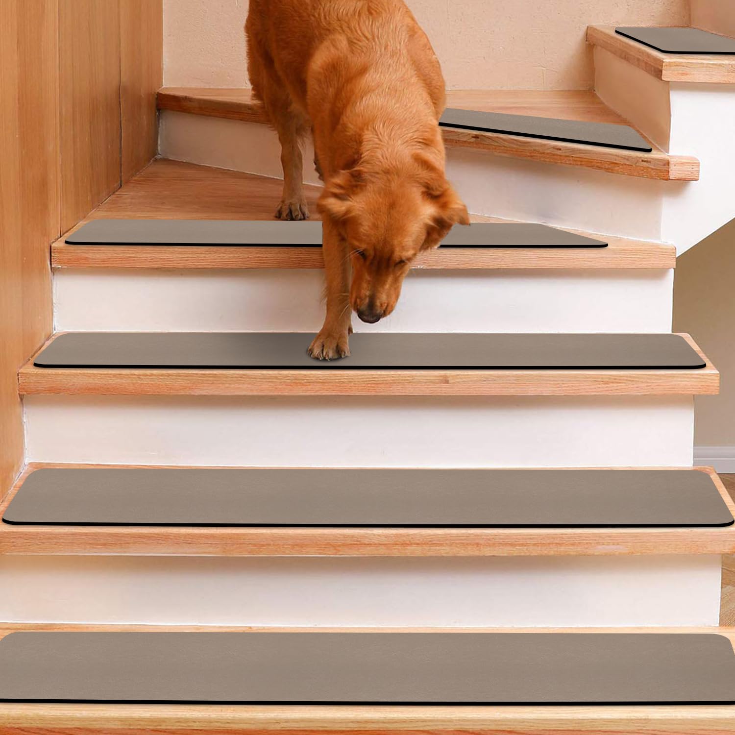 Photo 1 of Rubber Backed Stair Carpet Treads Set of 15, Non Slip Stair Tread Covers for Wooden Steps, Machine Washable Basement Step Rugs Stair Pads, 8"x30", Brown