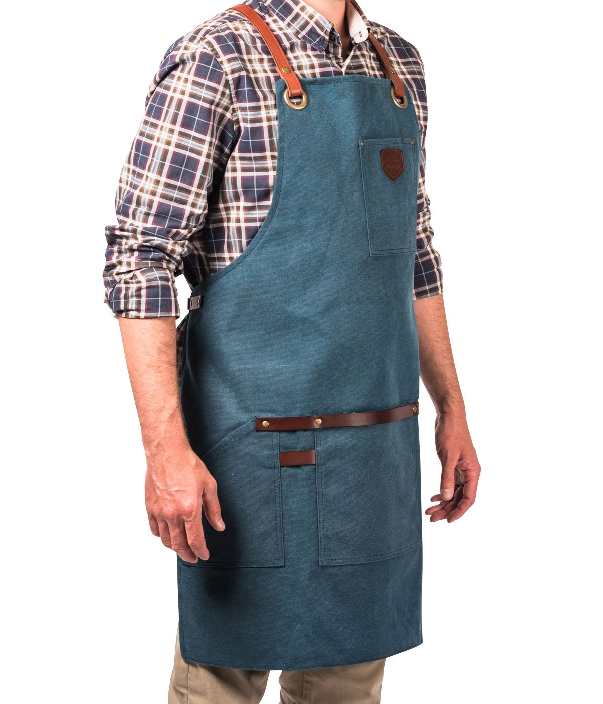 Alaskan MAKER No.547 Heavy Duty Waxed Canvas and Leather Apron with Tool Pockets, Cross back straps system, One size (PEACOCK BLUE)