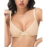 Upushall Women's Sheer Mesh Unlined Bras Sexy Lace See Through Demi Plunge Bra Underwire