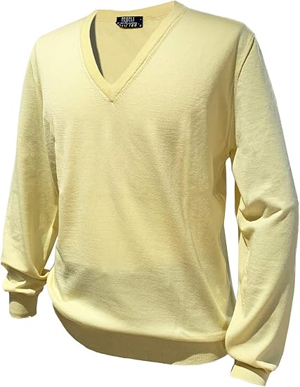 Amazon Fedeli フェデーリ Vネックウールニットセーター メンズ カジュアル ブランド Super160 S ウール イエロー ハイゲージ 高級 セーター 通販