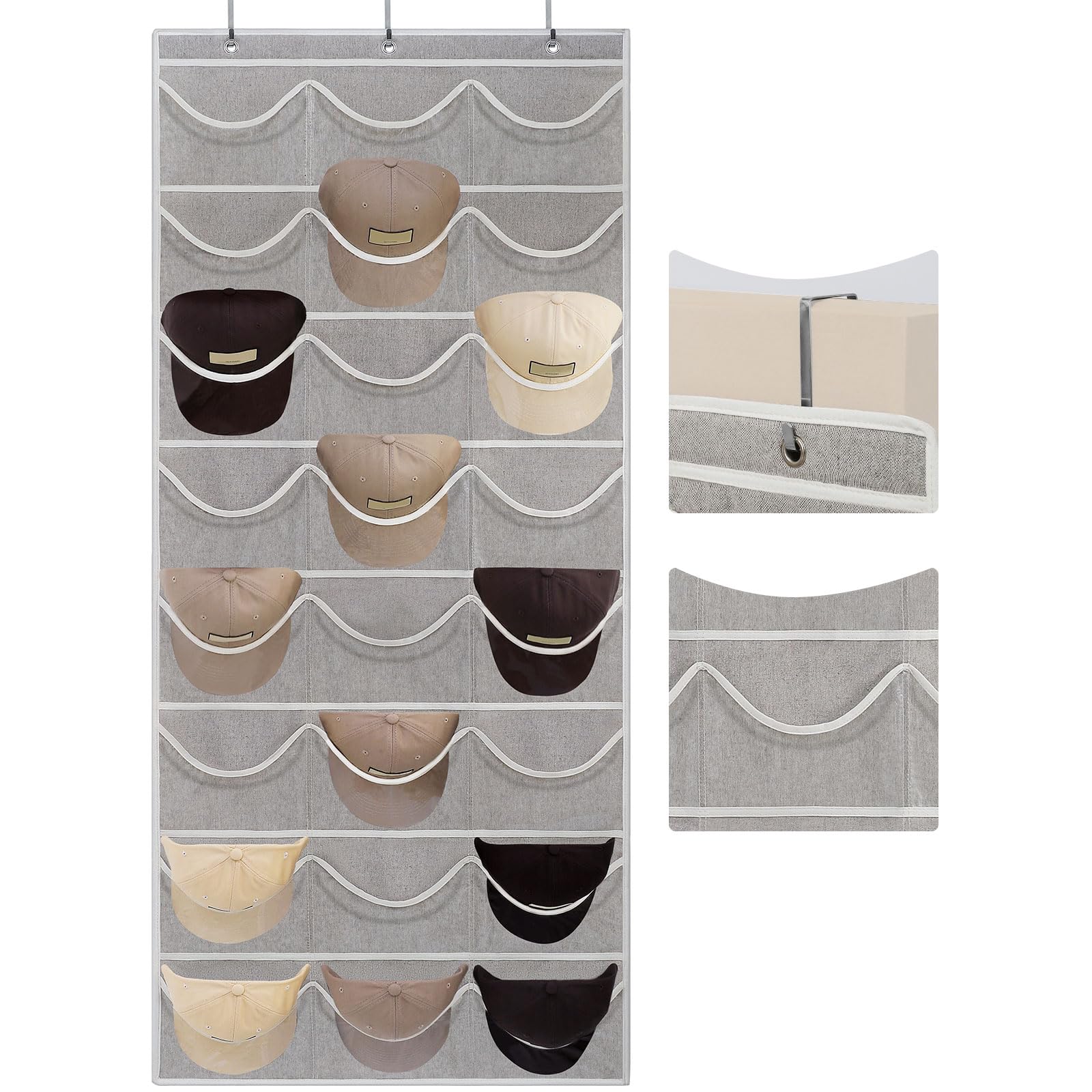 Photo 1 of LoforHoney Hat Rack for Baseball Caps, 24 Pocket Over the Door Hat Organizer with 3 Hooks & Large Clear View Pockets, Hat Holder Rack for Door/Closet/Wall, Light Grey - 1 Pack