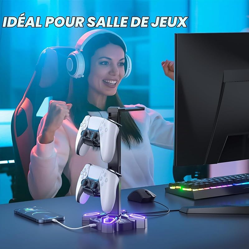 Support Casque Gamer, Porte Casque Rotatif avec 9 Modes de Lumière, Support Manette avec 2 Ports USB, Port 3.5 mm et Type C, Repose Casque & Porte Manette pour PS5 PS4 Xbox Series X One; Noir