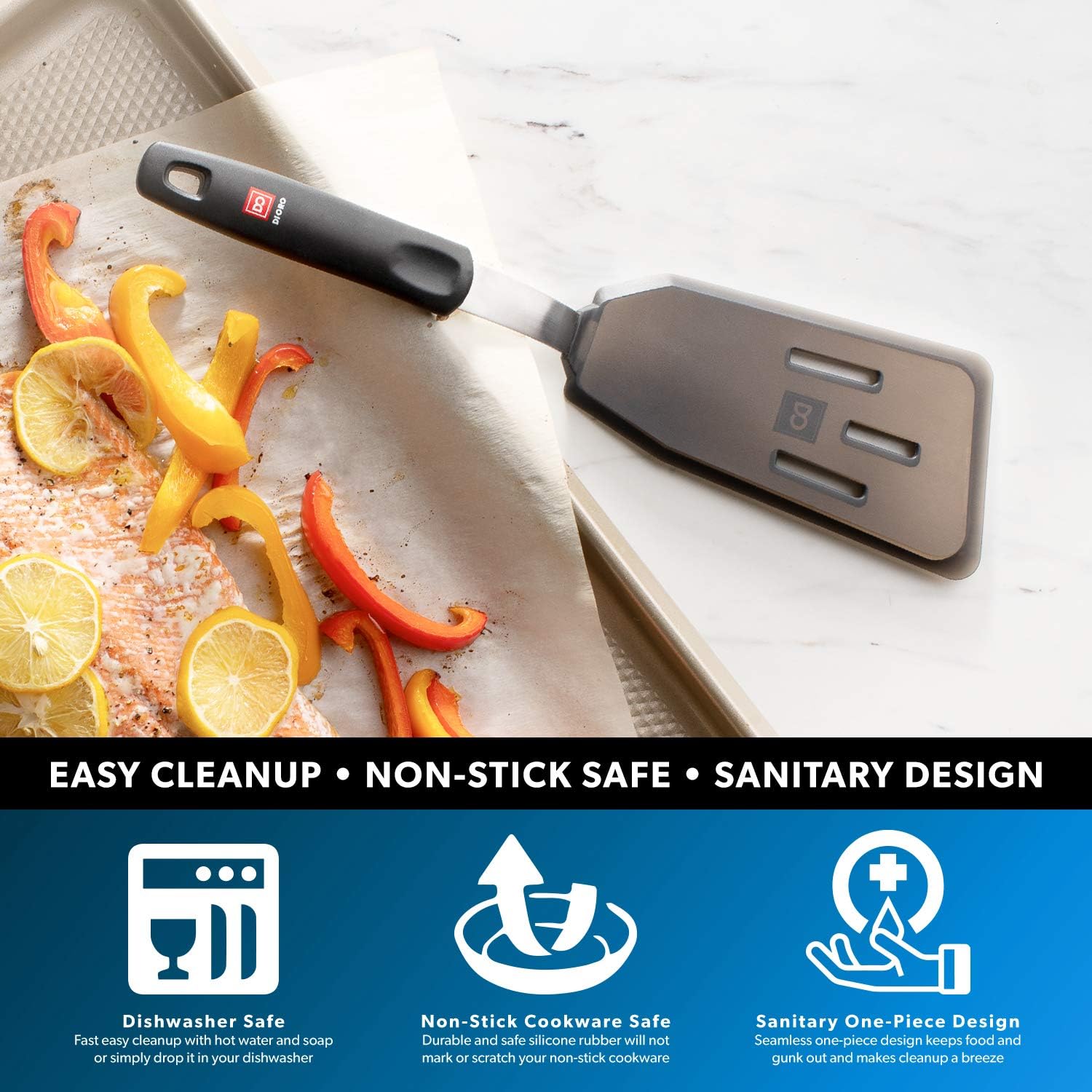 New DI ORO Designer Series Elite 3-Piece Turner Spatula Set - 600F Heat-Resistant Rubber Silicone Spatulas - Includes Slotted Fish, Omelet, and Wide Slotted Turners - LFGB Certified and BPA Free: Kitchen & Dining