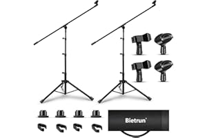 Microphone Stand 2 Pack, Bietrun Tripod Mic Stand Adjustable Boom Height, with Carry Bag & Mic Clips, Detachable Boom Mic Stand for Singing Performance Wedding Stage Church