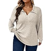 ROSRISS Plus Size Tops for Women Casual Knit Sweaters Going Out Lapel V Neck T-Shirts Lightweight Long Sleeve Blouses