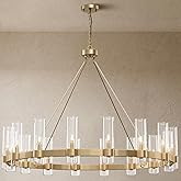 YIOSI 48 Inch Gold Chandelier, Wagon Wheel Chandelier with Glass Shade, 16-Lights Large Round Modern Farmhouse High Ceiling P