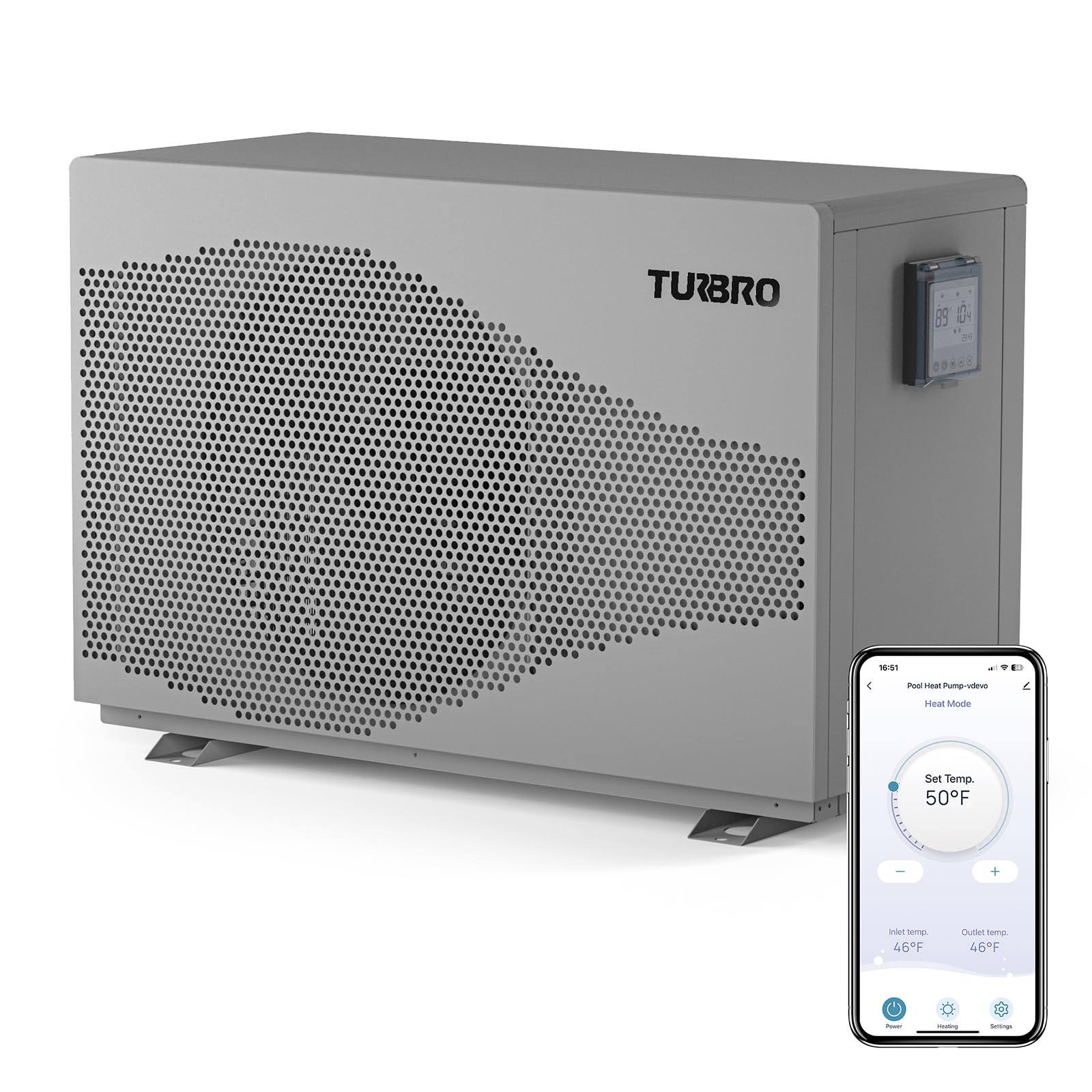 Photo 1 of TURBRO 33,000 BTU DC Inverter Swimming Pool Heat Pump, WiFi Control Electric Pool Heater for Above and Inground Pools up to 10,000 Gal, Heating and Cooling, Up to 15.8 COP, 110-120V, Beluga B33V