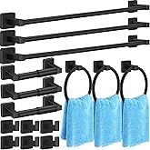 Gisafai Bathroom Hardware Set, Towel Bar Set Stainless Steel Wall Mounted, 23.6/16 Inches Hand Towel Bar, Ring, Robe Hooks, Toilet Paper Holder, Bathroom Rack (Matte Black,15 Pcs)
