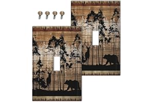 Corenest Decorative Light Switch Cover Abstract Bear Deer Forest on Brown Wood Plank 1 Gang Wall Plates Single Toggle Outlet 