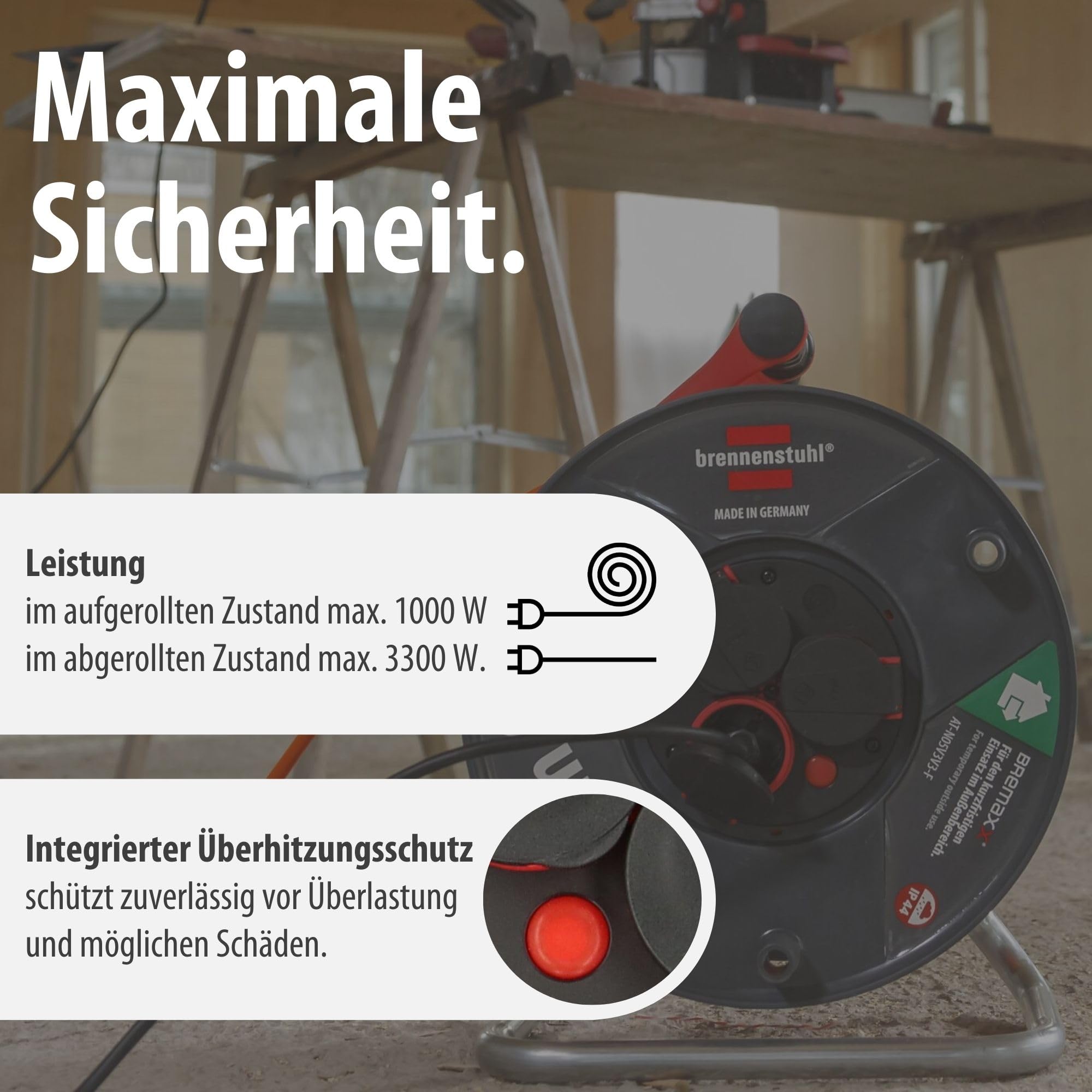 Brennenstuhl Garant V2 IP44 Kabeltrommel 50m outdoor (Made in Germany, 3 Schutzkontakt-Steckdosen, Überhitzungsschutz, kurzfristiger Einsatz im Außenbereich) 5