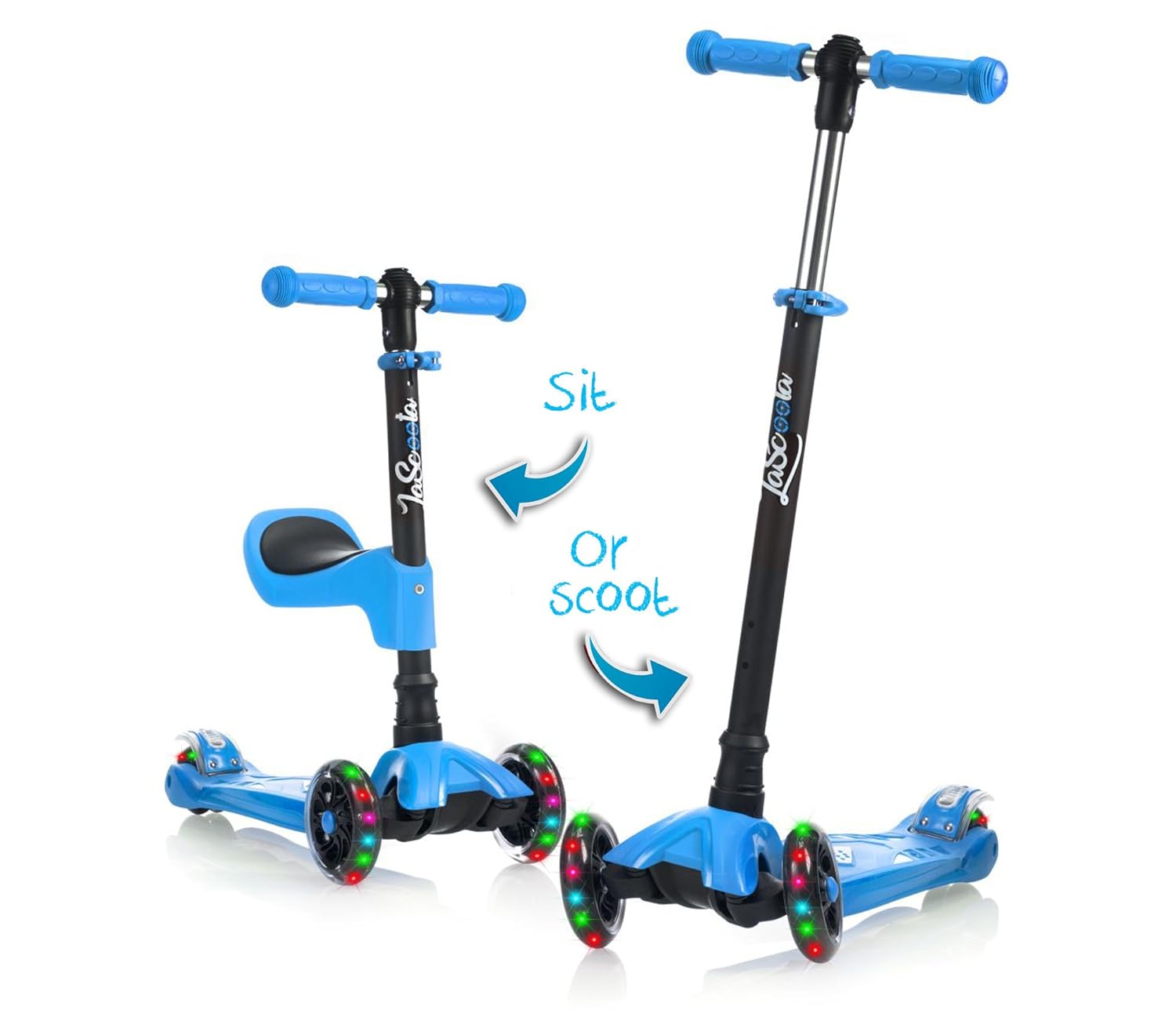 Lascoota 2 in 1 Kick Scooter with Removable Seat Great for Kids Toddlers Girls or Boys – Adjustable Height w Extra Wide Deck PU Flashing Wheels for Children from 2 to 14 Year Old