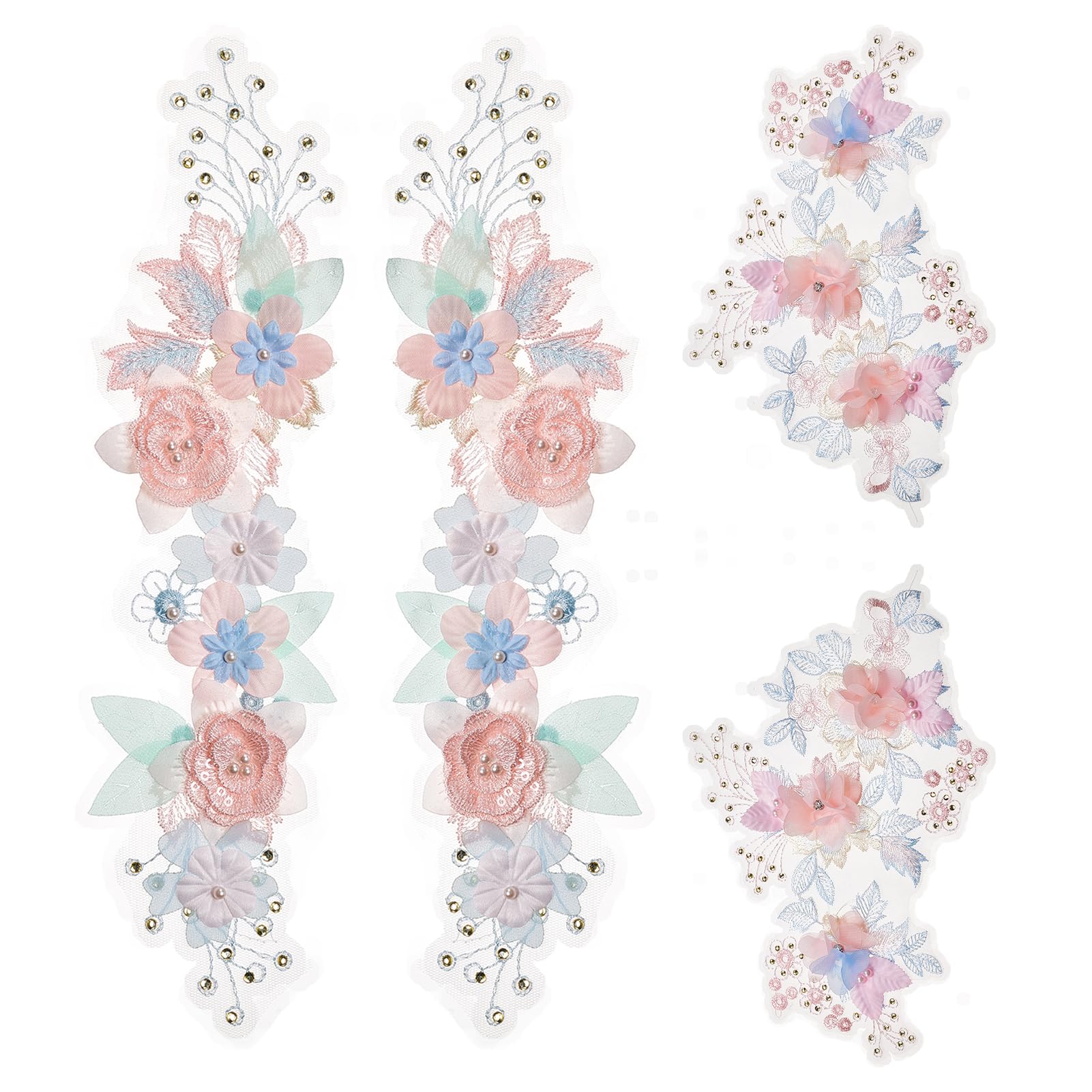 NICENEEDED 2 Pairs 3D Flower Lace Applique Patches, Pink Floral Sew on Embroidery Patch, Beaded Lace Trim Fabric Pearl Appliques for Sewing Wedding Dress DIY Crafts