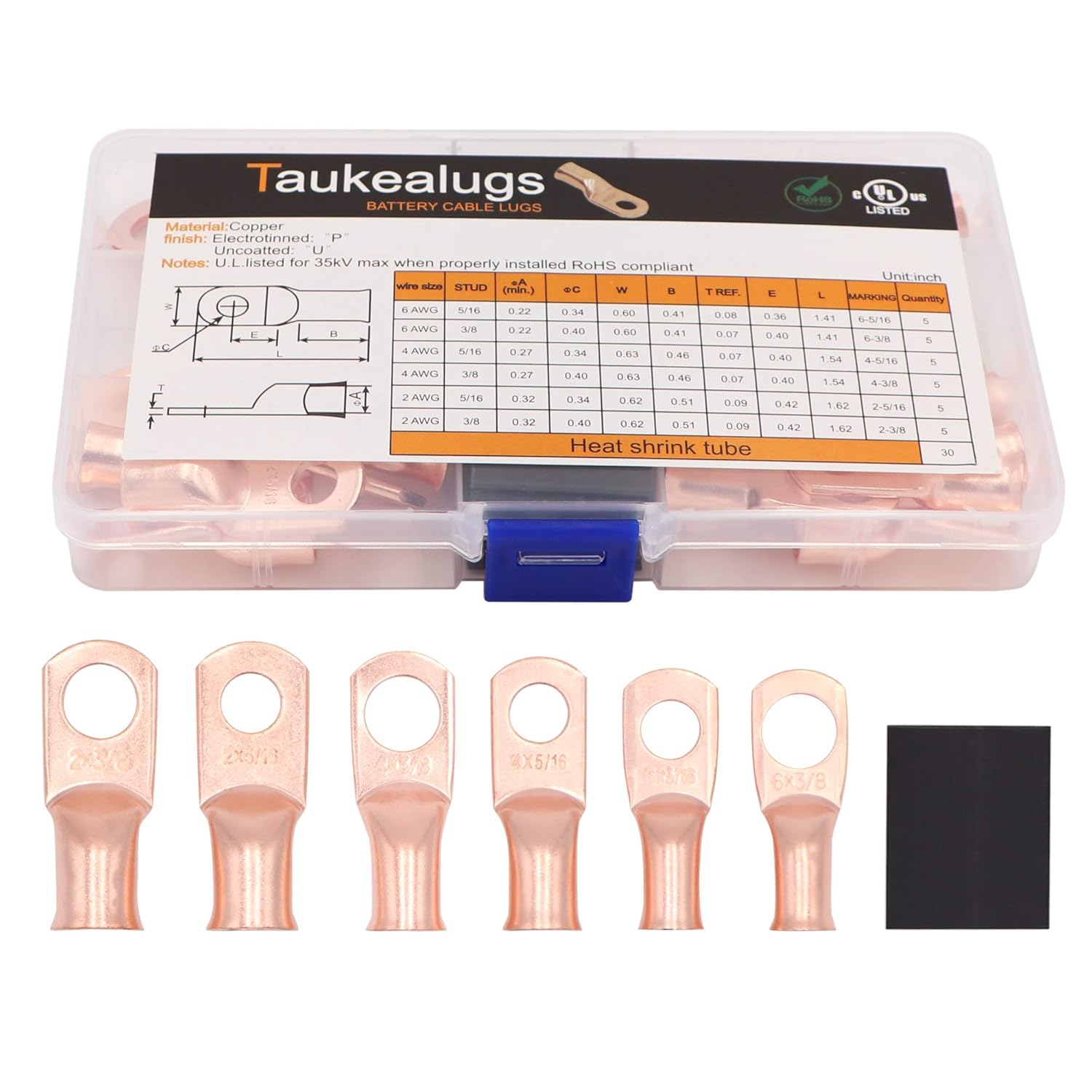 60PCS Battery Terminal Connectors Cable Ends and 2:1 Heat Shrink Tube, UL Listed AWG Crimp Copper Wire Ring lugs Assortment Kit: Industrial & Scientific