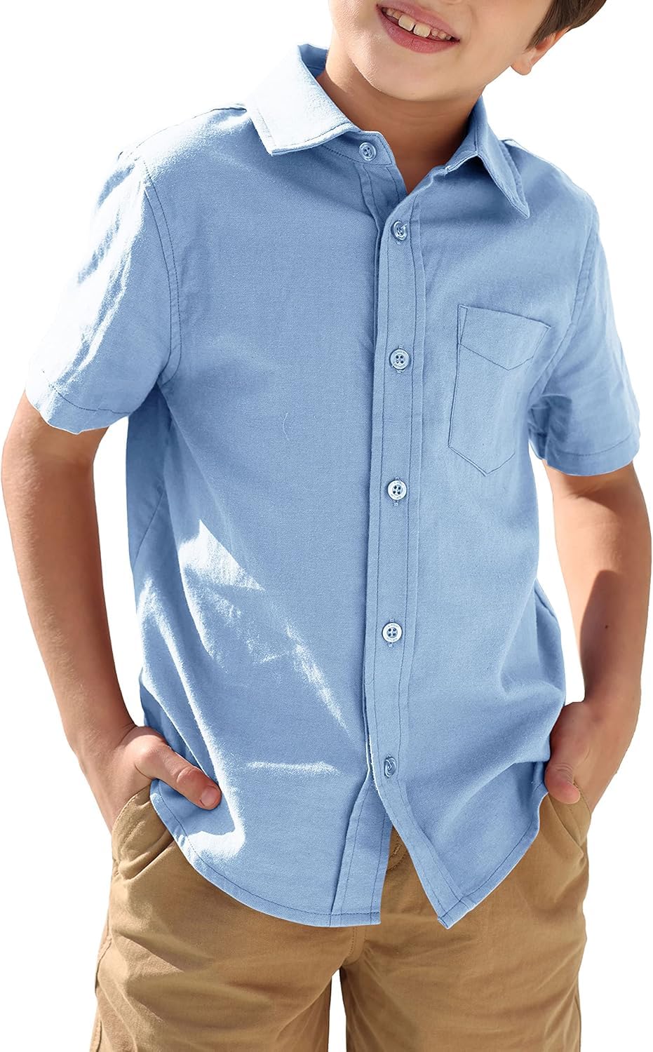 Photo 1 of Boys Button Down Dress Shirt Short Sleeve Casual Cotton Solid Tops Uniform T-Shirt for Kids 4-13 Years
