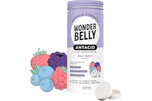 Wonderbelly Antacid Effective Heartburn and Instant Acid Indigestion Relief Extra Strength Chewable Tablets 1000 mg Calcium Carbonate No Talc or Dye Wild Berry 50 count