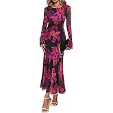 Lazysmile Women's Long Sleeve Floral Maxi Dresses Fall Formal Crewneck Bodycon Mesh Ruffle Wedding Guest Cocktail Party Dress