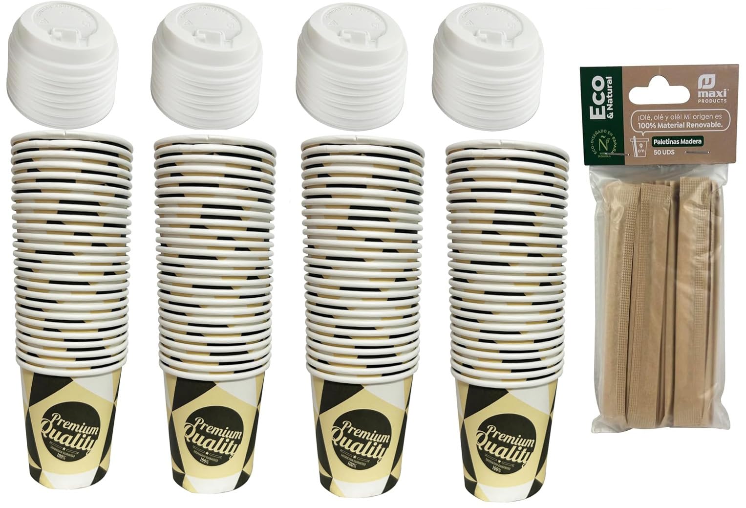 ARBUTUS 48 Disposable Cardboard Coffee Cups 4oz with 48 Plastic Lids, Takeaway Cups and 50 Wooden Sticks