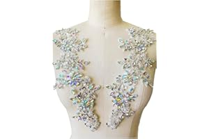 Zbroh Handmade red/White//Green/Blue Rhinestones Applique Sewing Beads Stones Trim lace Patches Accessory for Dress Clothes one Pair (multicoolored)