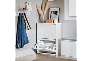 Haotian Shoe Storage Cabinet with 2 Flip-Drawers, Freestanding Shoe Organizer for Entryway, Narrow Hallway Shoe Rack, White