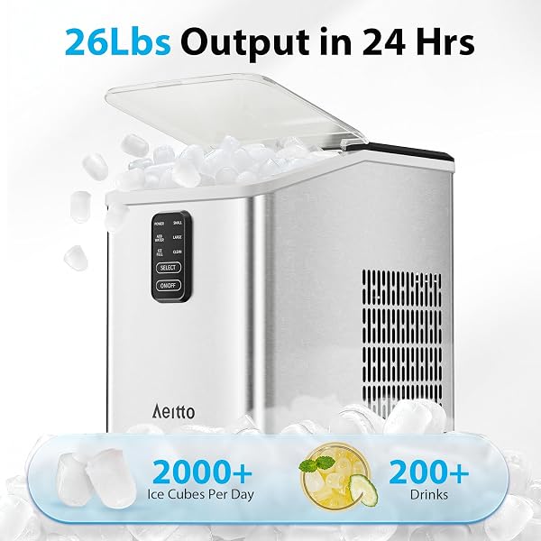 AEITTO COUNTERTOP ICE MAKER MACHINE, 26LBS ICE IN 24H, 8 BULLET ICE CUBES IN 6 MINS, SELF-CLEANING PORTABLE ICE MAKER WITH 2 ICE SIZES, BASKET & SCOOP FOR HOME, KITCHEN, OFFICE, STAINLESS STEEL