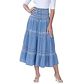 DREFBUFY Maxi Skirt Womens High Waist Pleated Tiered Long Skirts Denim Casual Style Midi Dress for Women