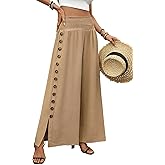 Women’s High Waist Wide Leg Pants Side Button Split Palazzo Pants Loose Summer Beach Trousers with Smocked Waist