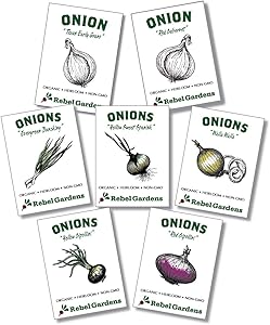 Organic Onion Seeds - 7 Varieties of Heirloom and Non-GMO Red, Yellow, and Green Onions for Planting
