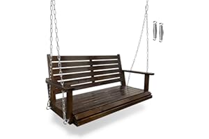 MEGA CASA Wooden Porch Swing, Ergonomic Seat, Bench Swing with Hanging Chains and 7mm Springs, Heavy Duty 880 LBS, for Outdoor Patio Garden Yard (Dark Brown, 2-Seater)