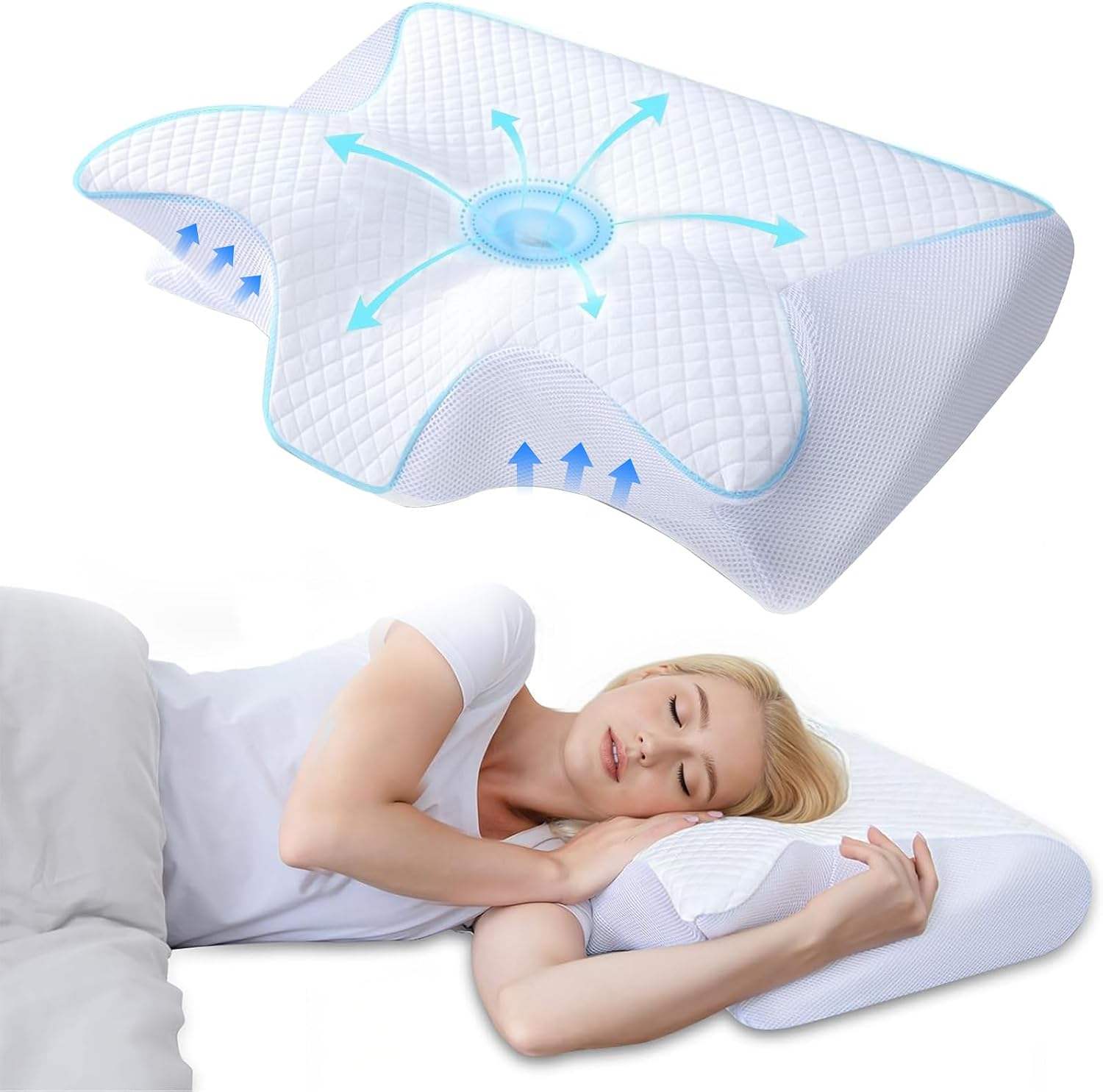 AsBellt Cervical Neck Pillow, Ergonomic Memory Foam Pillows for Neck Pain Relief with Removable Pillowcase, Contour Neck Support Pillow for Side, Back & Stomach Sleepers(White)