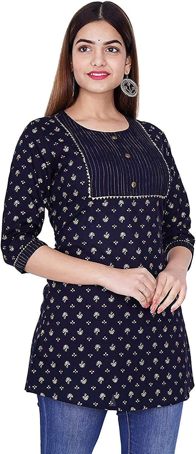 Buy Short Kurti for Women Printed Straight Rayon Top Round Neck Full