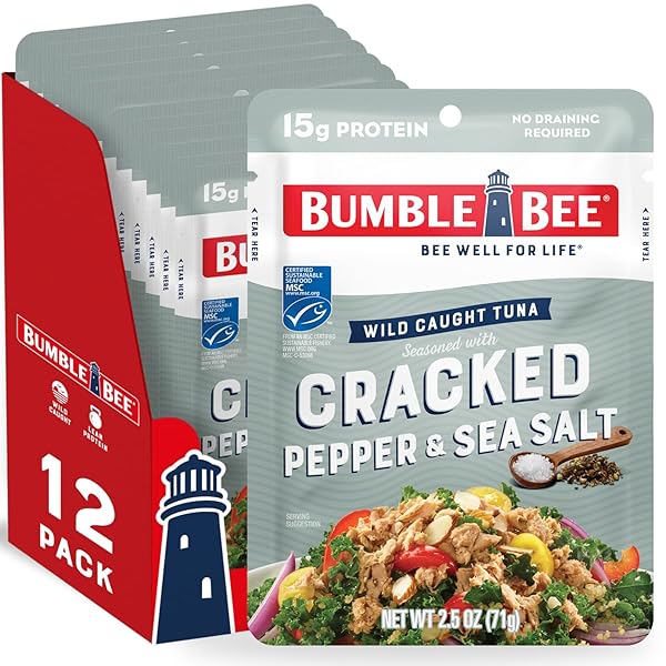 BUMBLE BEE CRACKED PEPPER & SEA SALT SEASONED TUNA, 2.5 OZ POUCHES (PACK OF 12) – READY TO EAT – WILD CAUGHT TUNA PACKET – 15G PROTEIN PER SERVING – GLUTEN FREE
