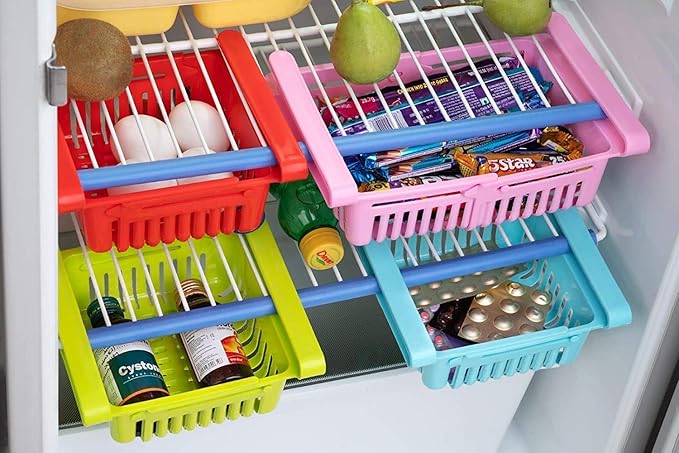 Peiroks 4 Pcs Expandable Adjustable Fridge Storage Basket Under Shelf Fridge Organiser