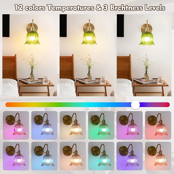 JERANDO VINTAGE BATTERY OPERATED WALL SCONCES SET OF TWO, RGB DIMMABLE LED WALL LIGHT WITH REMOTE CONTROL, GREEN GLASS LAMPSHADE WALL LAMP WITH 15 COLORS FOR BEDROOM, LIVING ROOM, HOME DECOR