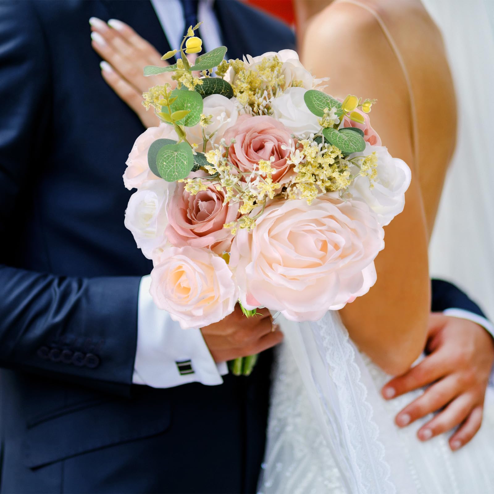 M METERXITY Wedding Bouquets for Bride, Artificial Flower Bouquet for Wedding Bridal Bouquets for Bride/Bridesmaid, Multicolor Bouquets with Silk Ribbon [Bean Paste Color]