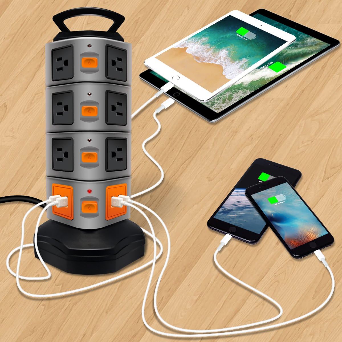 Power Strip Tower, Lovin Product Surge Protector Electric Charging Station, 14 Outlet Plugs with 4 USB Slot 6 feet Cord Wire Extension Universal Charging Station (1-PACK) - - 