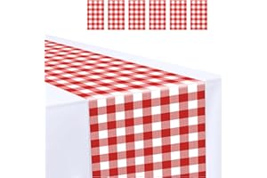 MUNILAIL 6 Pcs Red and White Checkered Table Runner 14 x 108 Plastic Gingham Table Runner for Birthday Wedding Baby Shower Party Disposable Table Runner